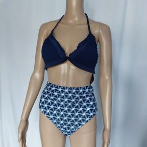 Chekini Womens Two Piece Navy Blue Smocked Halter Geometric High Waited...